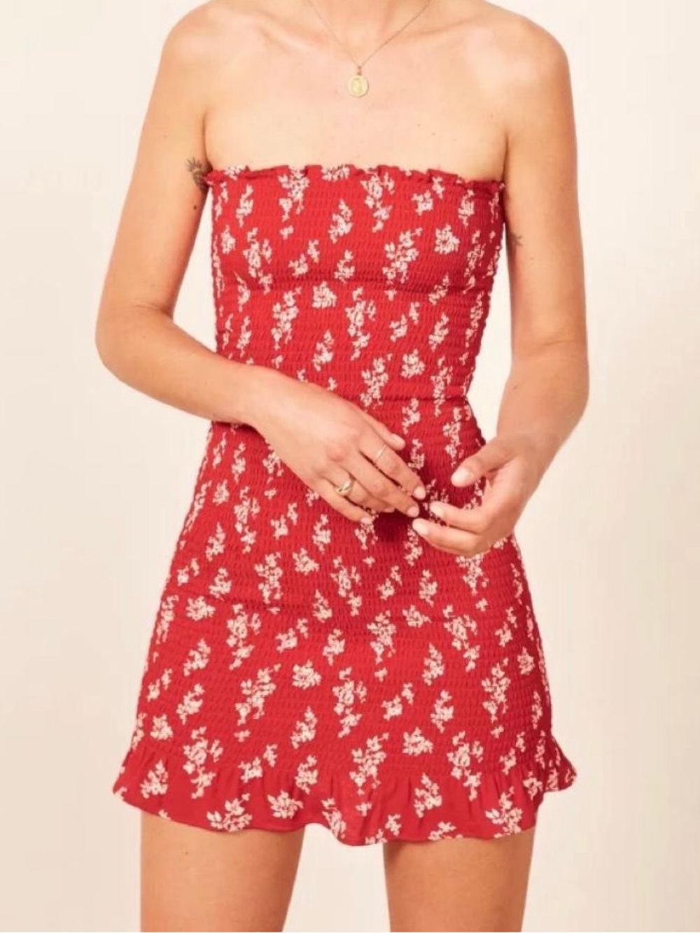Reformation Red Floral Strapless Mini Dress
